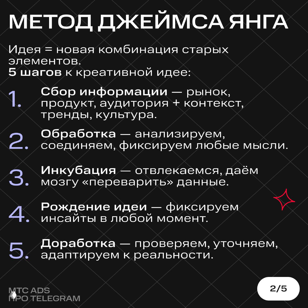 Слайд: метод Джеймса Янга с пятью шагами к идее — сбор информации, обработка, инкубация, рождение идеи, доработка; чёрный фон и белый текст.