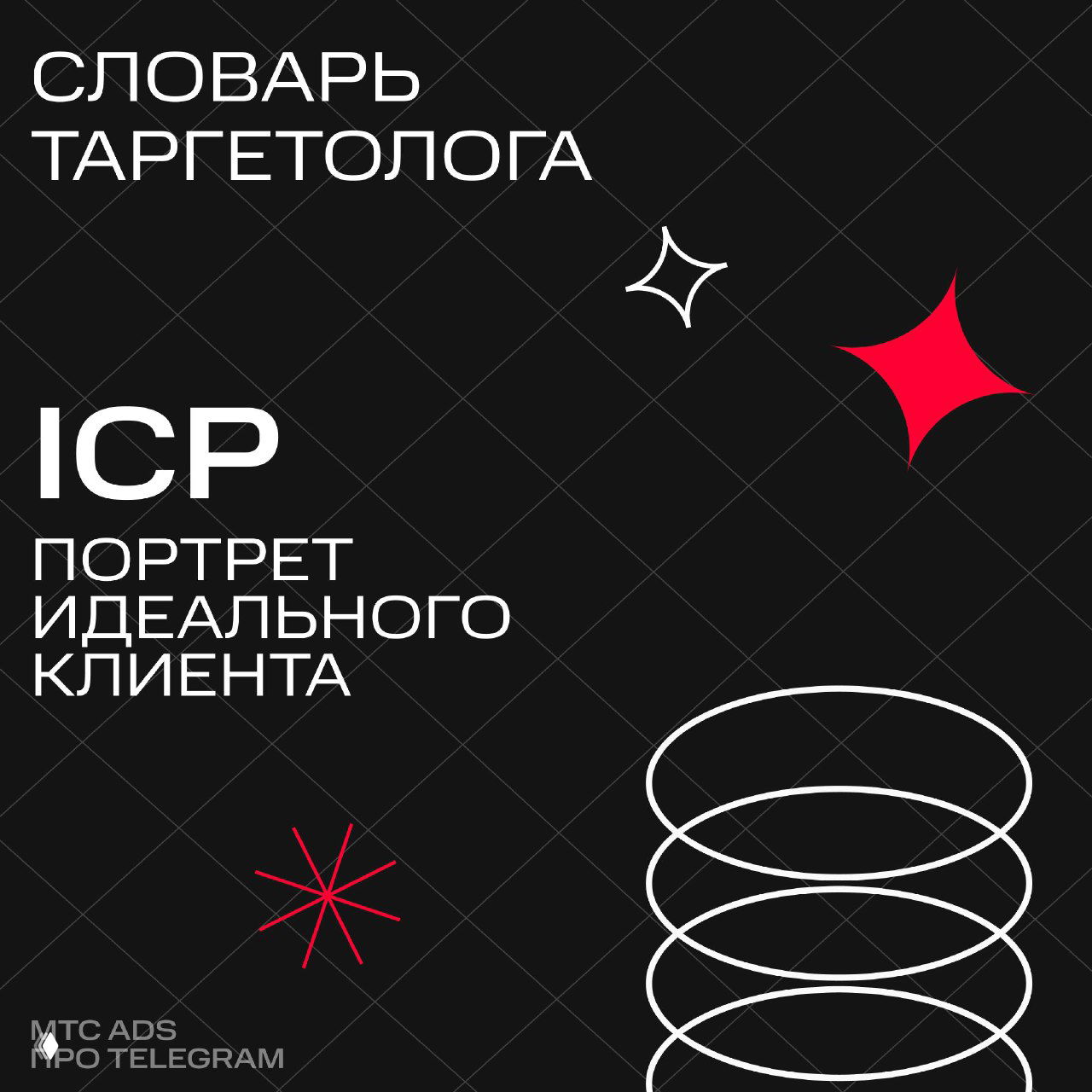 Чёрный баннер с крупным текстом «ICP — портрет идеального клиента», абстрактными белыми и красными элементами и пометкой о Telegram Ads.