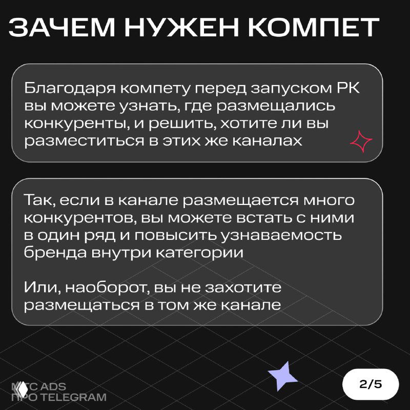 Слайд с заголовком «Зачем нужен компет» и текстом о том, как перед запуском РК понять, где размещаются конкуренты и стоит ли туда заходить.