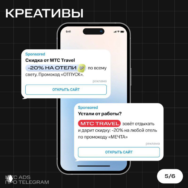 Слайд «Креативы»: примеры рекламных сообщений и визуалов для мобильных, используемых в кампании MTS Travel в Telegram Ads.