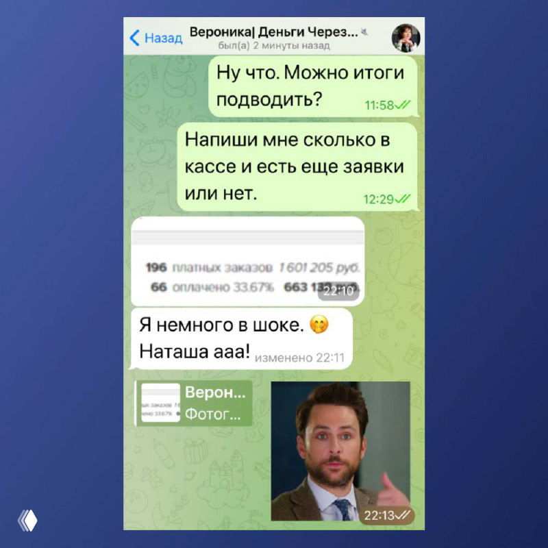 Скрин результатов кассы и статистики заказов в чате: изображение с итоговой суммой и реакцией автора, подтверждающее финансовый результат кейса.