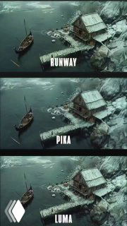 Сравнительный кадр трёх моделей генерации видео (Runway, Pika, Luma): тёмный прибрежный пейзаж с лодкой и домом, вид в три строки для сравнения качества и композиции.