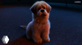 Пушистый щенок в стиле Pixar, с эмоциональным выражением глаз; кадр демонстрирует пример генерации персонажа и проблемы с синхронизацией губ при движении.