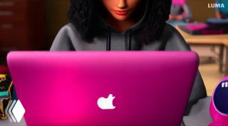Персонаж за розовым ноутбуком с логотипом, сценический кадр с мультяшной эстетикой, демонстрирует стилизацию и детализацию лиц в Luma.