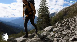 Человек в походной экипировке идёт по горной тропе; кадр демонстрирует более реалистичную генерацию пейзажей и движения в Luma по сравнению с другими моделями.