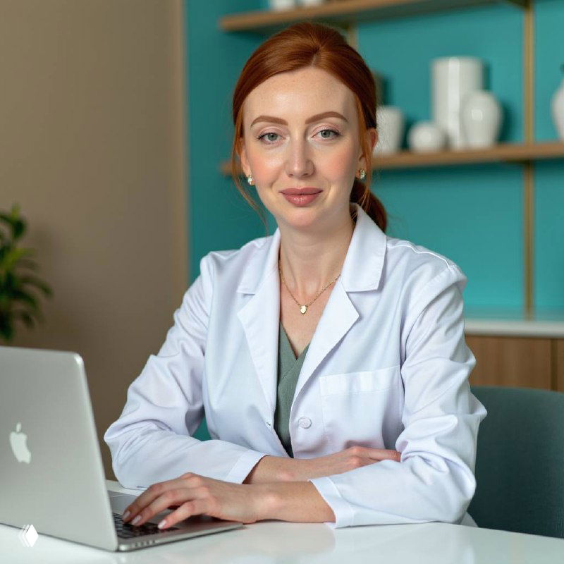Портрет женщины-невролога в белом халате за ноутбуком в кабинете, спокойное выражение, рабочая обстановка и профессиональный вид.