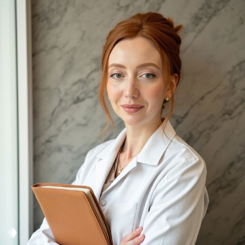 Портрет невролога в белом халате с блокнотом на нейтральном фоне — образ врача, символизирующий внимательный клинический приём и беседу