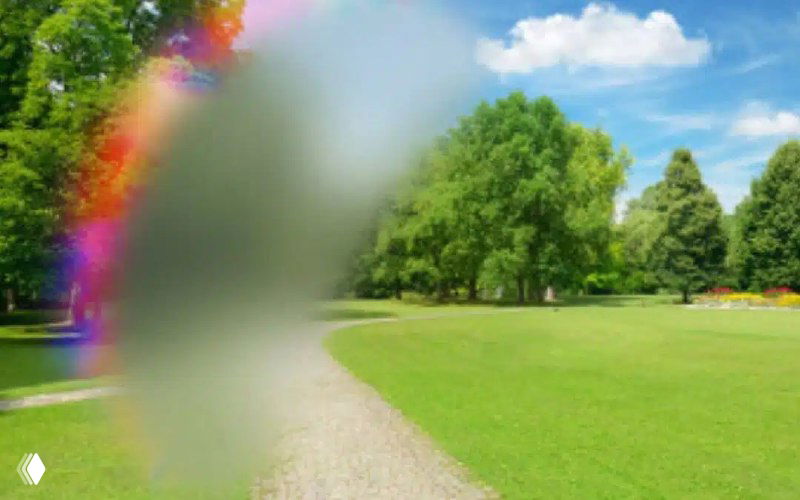 Изображение парковой дорожки с газоном и деревьями; на переднем плане крупное полупрозрачное размытое пятно с радужной окантовкой, напоминающее зрительную ауру.