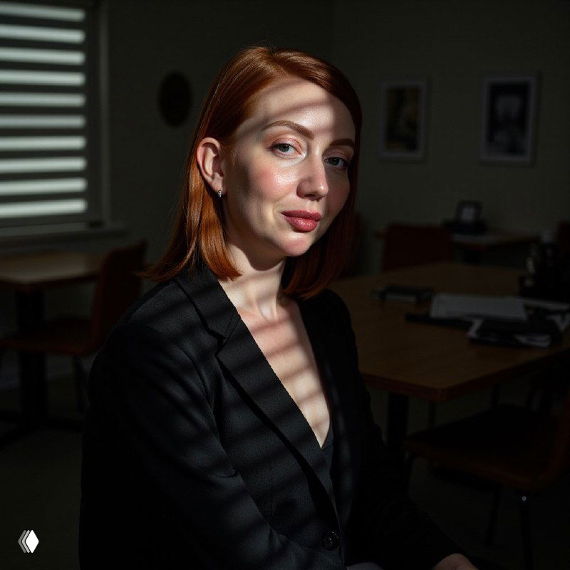 Женщина с рыжими волосами сидит в кабинете, свет и тень от жалюзи падают на лицо — иллюстрация усталости и задумчивости.
