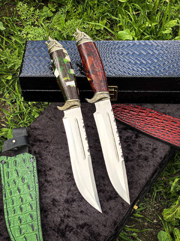 Два кизлярских ножа, расположенные на траве: стальные клинки, деревянные рукояти и кожаные ножны рядом с чёрным футляром.