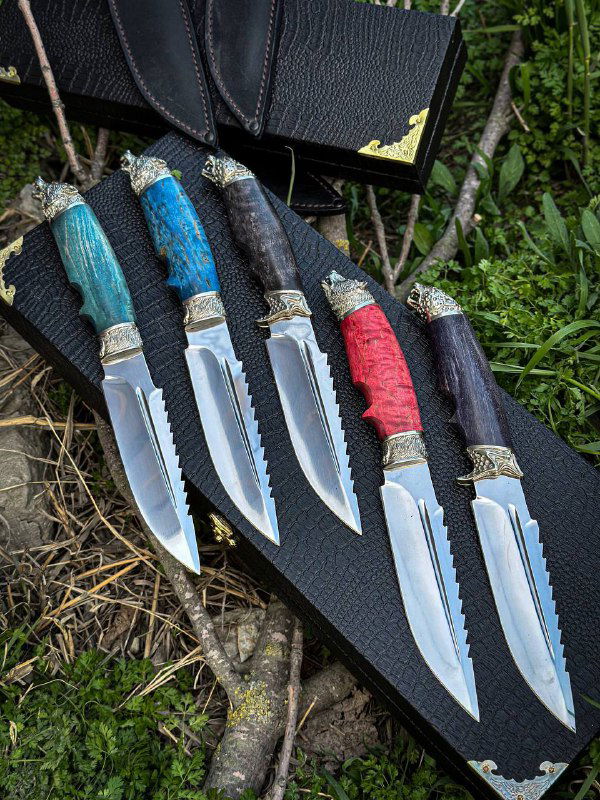 Несколько ножей в ряд с разными цветовыми рукоятями: видно клинки 95х18, кожаные ножны и декоративные мельхиоровые гарды.
