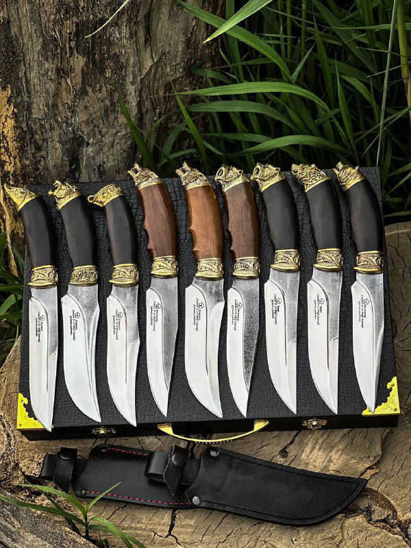 Несколько ножей одинаковой модели с полированными лезвиями и кожаными ножнами в комплекте, размещённые на деревянной поверхности и траве.