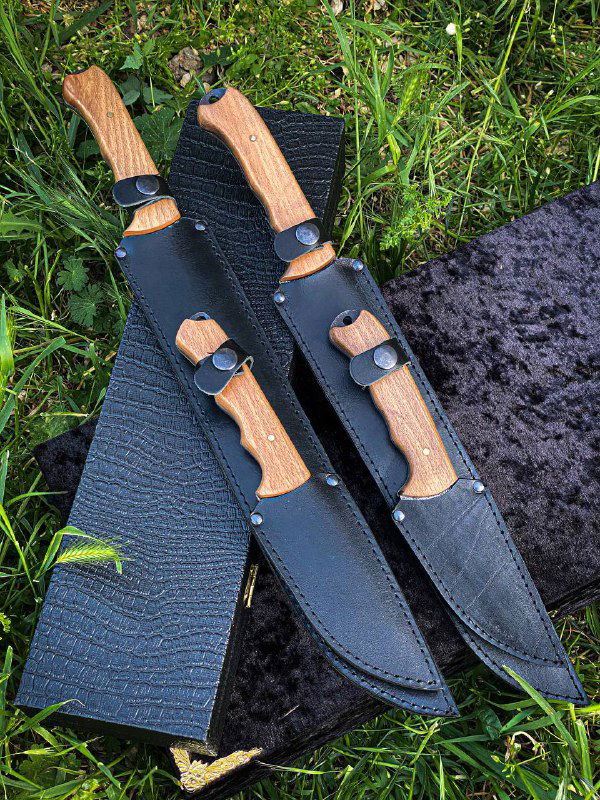 Кожаные ножны и две модели ножей с ореховыми рукоятями на траве: чёрные кожаные чехлы с фастексами и металлический кейс рядом.