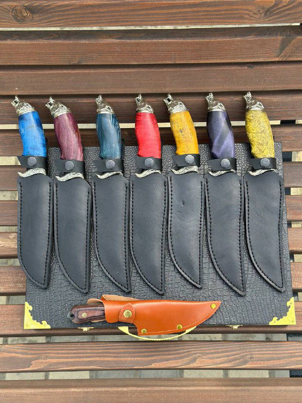 Шесть ножен из кожи в наборе, стоящие в ряд, и одна кожаная подсумок-ножна на столе — комплектность поставки видна на фото.