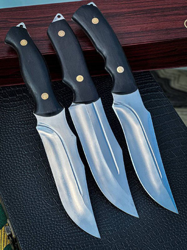 Три ножа в ряд: полированные лезвия с выраженной спинкой, чёрные рукоятки с латунными заклёпками; кадр подчёркивает форму клинков и фактуру материалов.