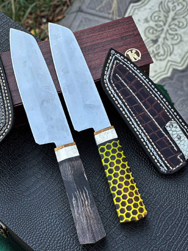 Крупный план двух лезвий кухонных ножей и ножен; видно форму клинков и сочетание материалов рукоятей.