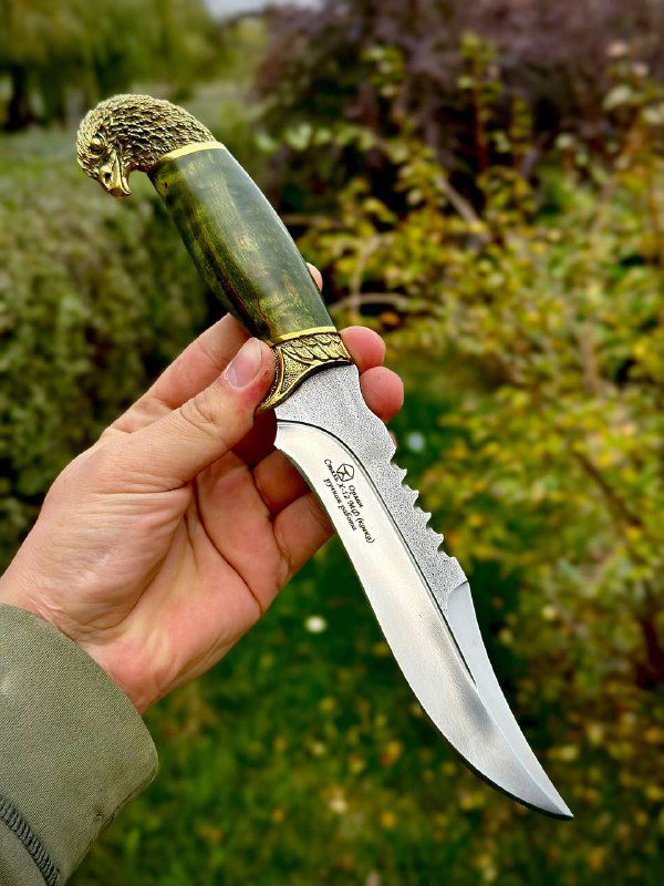 Нож «Орлан» с зелёной рукоятью из карельской берёзы в руке: фрагмент клинка с зубчатой спинкой и декоративной латунной гарды видны чётко.