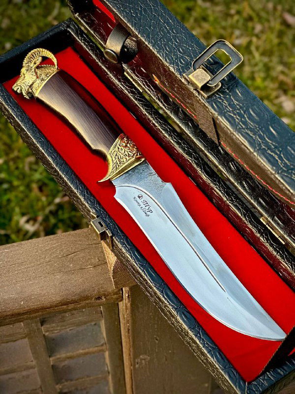 Футляр разложен с ножом «Тур» внутри: красная внутренняя подкладка, металлические застёжки футляра и аккуратно уложенный клинок с латунными элементами.