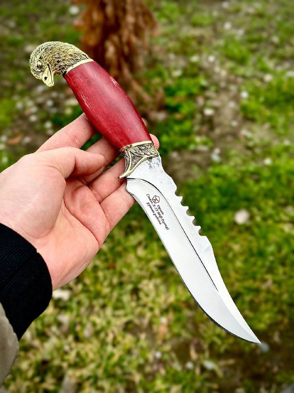 Рукоять красного ножа «Орлан» в руке на фоне газона, видна форма клинка Х12мф, отделка латунной гарды и качество шлифовки лезвия.