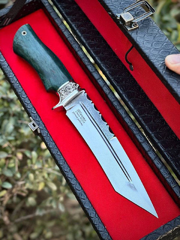 Крупный план ножа Танто с тёмно-зелёной рукоятью в открытом футляре; акцент на форму клинка, дол и текстуру карельской берёзы на рукояти.