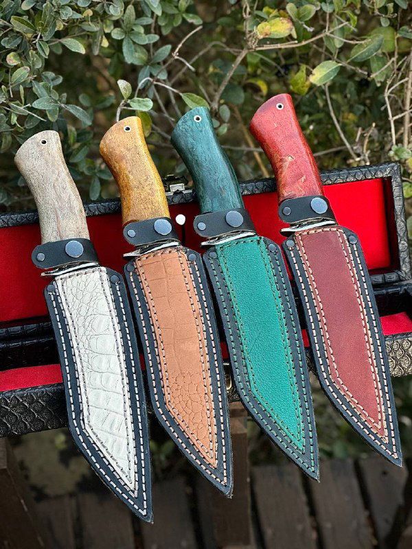 Четыре ножа Танто в кожаных ножнах разных оттенков: видны контрастные строчки, фурнитура ножен и цветные рукояти на фоне природного окружения.