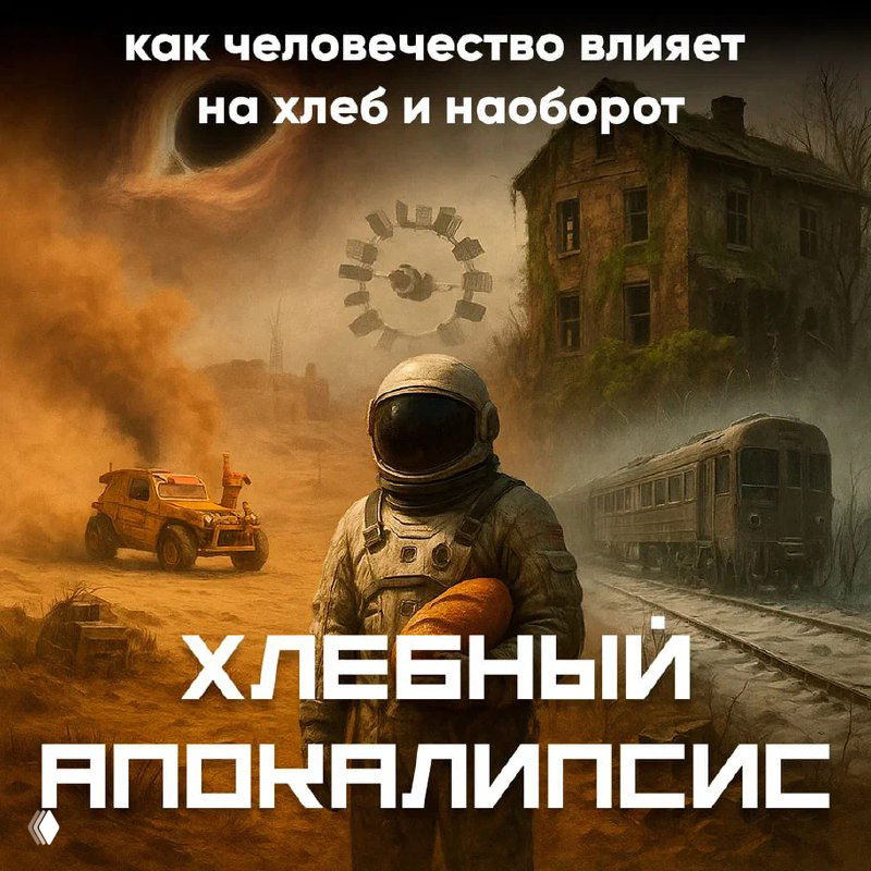 Стилизованный постер с астронавтом на фоне разрушенного пейзажа и заголовком «Хлебный апокалипсис» — провокационный мем о взаимоотношении человечества и хлеба.