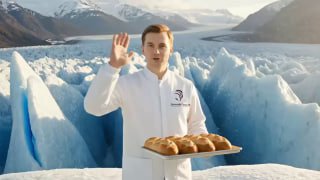 Человек в белом халате с подносом буханок хлеба на фоне ледника — кадр промо‑ролика виртуального технолога Марка Гуда.