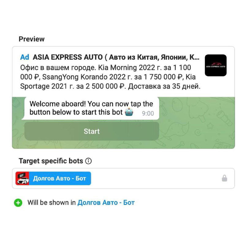 Превью объявления внутри Telegram-бота: интерфейс показа рекламы с кнопкой «Start», демонстрация таргетинга и предпросмотра рекламы в диалоговом окне бота.