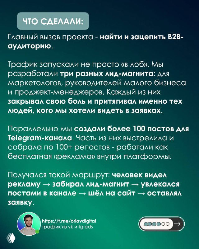 Слайд с описанием выполненных работ: создание трёх лид‑магнитов, 100+ постов и почти 1000 рекламных кампаний — подпункты и визуал результата.