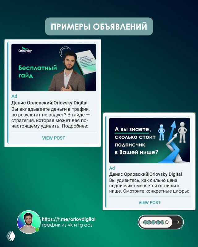Примеры рекламных объявлений: несколько карточек объявлений в карусели с текстом о бесплатном гайде и предложениях для целевой аудитории.