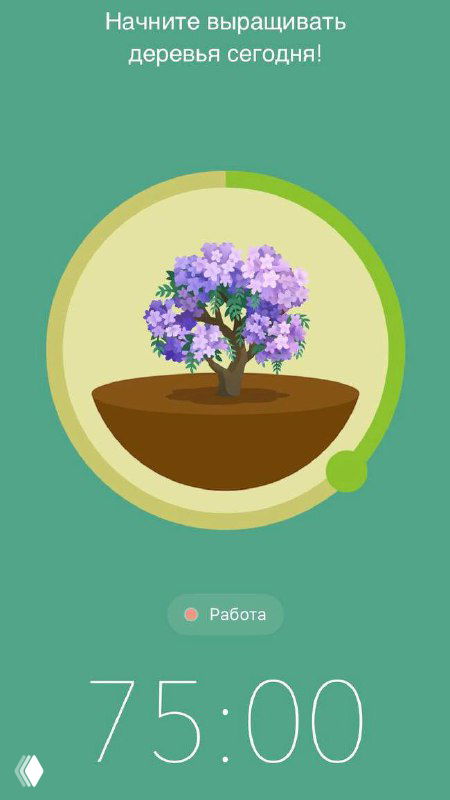 Скриншот приложения Forest: виртуальное дерево в центре и крупный таймер на 75:00, зелёный фон интерфейса фокус‑сессии и подпись на русском.
