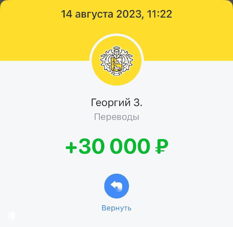 Скриншот уведомления о платеже: перевод +30 000 ₽, частично виден отправитель, иллюстрация примера оплаты за услугу на первом созвоне.