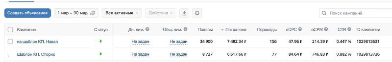 Скриншот статистики рекламной кампании: таблица с расходами, показами, кликами и конверсиями в отчёте кабинета