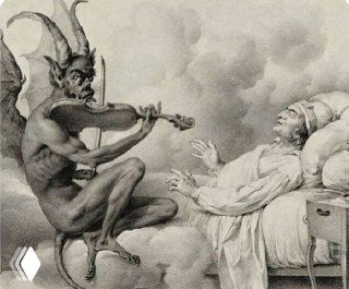 Чёрно-белая винтажная иллюстрация: демон с виолой сидит у изголовья кровати и играет над спящим человеком.