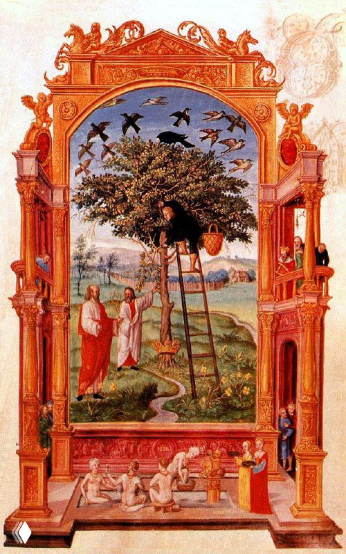 Миниатюрная живопись в арочной раме: дерево в центре, лестница у ствола, несколько фигур у подножия и птицы в небе — аллегория духовного пути и поиска истины.