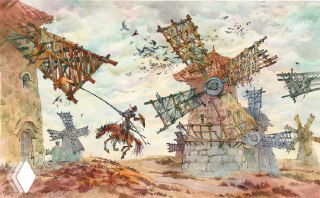 Акварельная иллюстрация: всадник на коне атакует ряд ветряных мельниц на фоне поля и пасмурного неба — метафора бессмысленной борьбы и иллюзий.