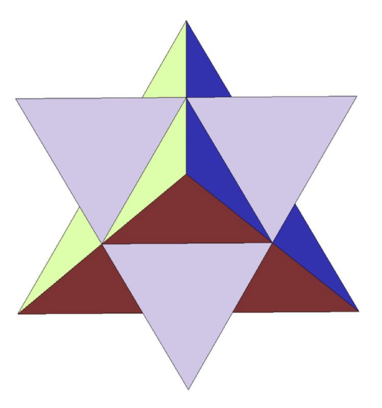 Схематическое изображение звёздчатого двойного тетраэдра с разноцветными треугольными гранями, иллюстрация трёхмерной геометрической формы.