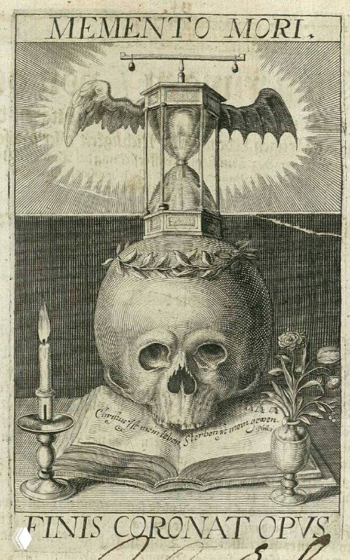 Гравюра с черепом, на котором установлены песочные часы; композиция подчёркивает истечение времени и близость смерти в символике ранних гравюр.