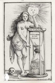 Аллегорическая сцена: обнажённая женская фигура рядом с большим песочным часом и светящимся диском солнца — тема истины и пробуждения в алхимической символике.