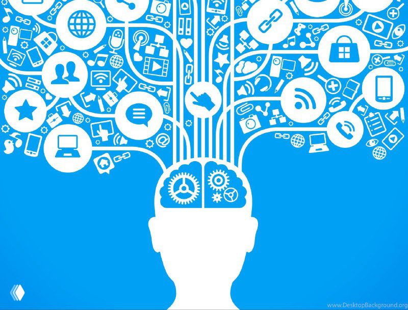 Иллюстрация: силуэт человека под древовидной сетью иконок связи и технологий, символизирующая влияние системных шаблонов на сознание и реакции.