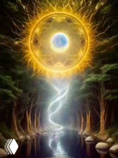 Мистическая иллюстрация: над лесным озером парит яркий солнечный шар, излучающий спираль света к одинокой фигуре у воды.