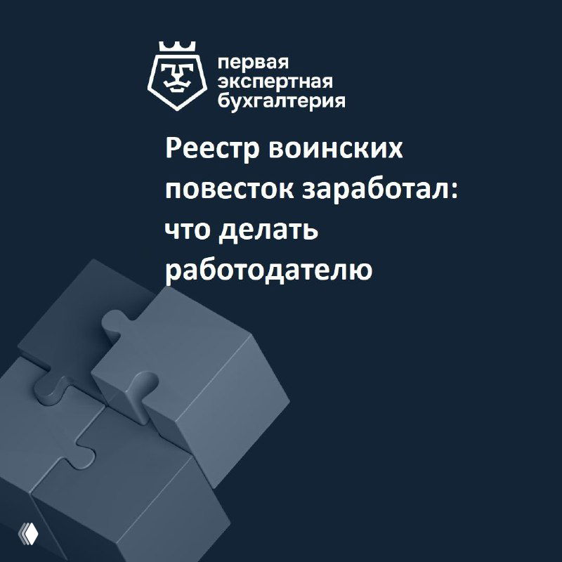Темная иллюстрация с логотипом «Первая Экспертная Бухгалтерия» и стилизованными пазлами; на изображении заголовок о реестре воинских повесток и работодателях.