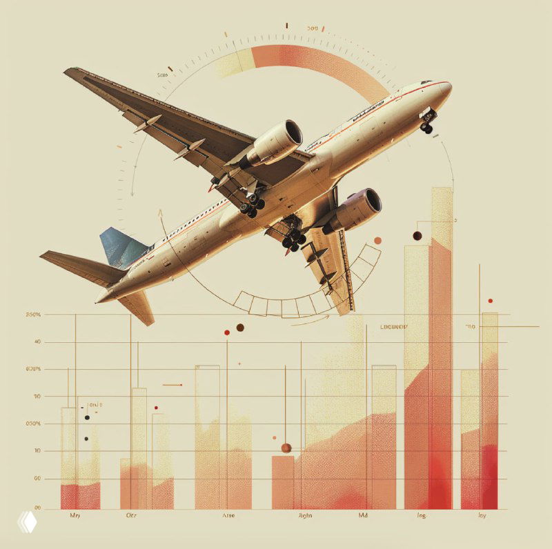 Самолёт на фоне графиков и диаграмм в бежево-красной гамме, визуальная метафора влияния дашбордов на решения в авиакомпании.