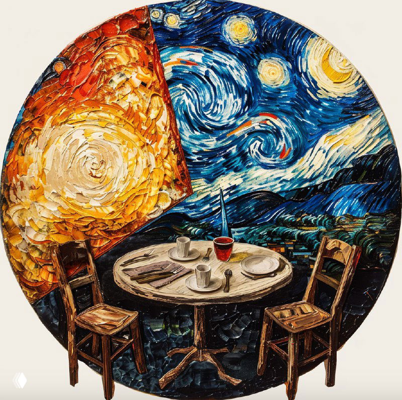 Круглая композиция в стиле Ван Гога: пайчарт с круглым столом и посудой на фоне звёздного неба и яркого солнца.