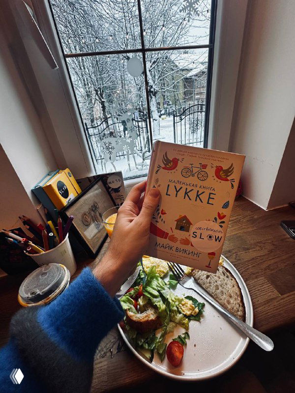 Рука держит книжку LYKKE в уютной кофейне у окна; на столе видна тарелка с салатом и банка с напитком — сцена чтения и ланча в кафе.
