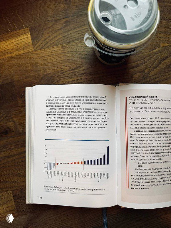 Разворот книги с графиком на странице и закрытая банка с напитком рядом на деревянном столе; иллюстрация проблемной визуализации данных в печатном издании.