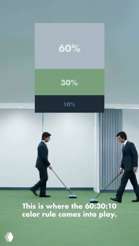 Кадр из сериала «Разделение» с наложенной диаграммой 60%/30%/10% и двумя мужчинами на зелёном фоне, иллюстрация принципа цветовой палитры.