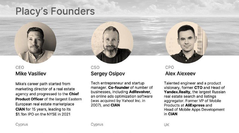 Three circular founder portraits — Mike Vasilev, Sergey Osipov, Alex Alexeev — with 'Placy's Founders' header and a seascape background.