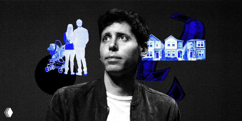 Black-and-white portrait with blue graphics: houses, family silhouettes and money icons related to universal basic income.