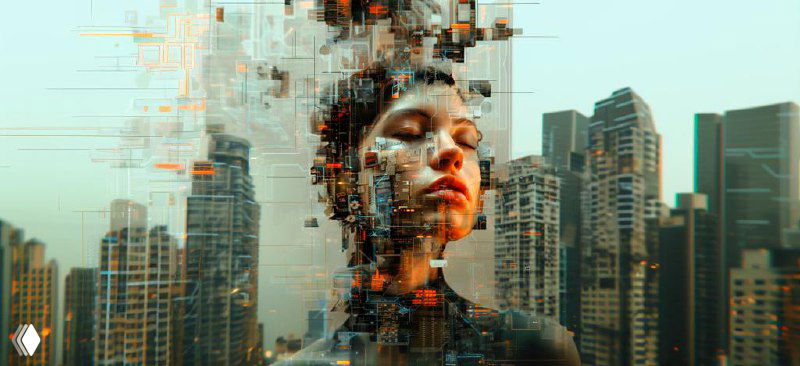 AI-generated portrait merging a woman's face with a city skyline, symbolizing AI search reshaping how users find information.